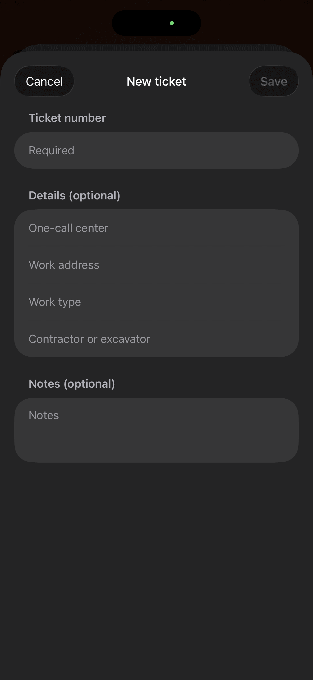 ProofMark new ticket screen with fields for work details and notes