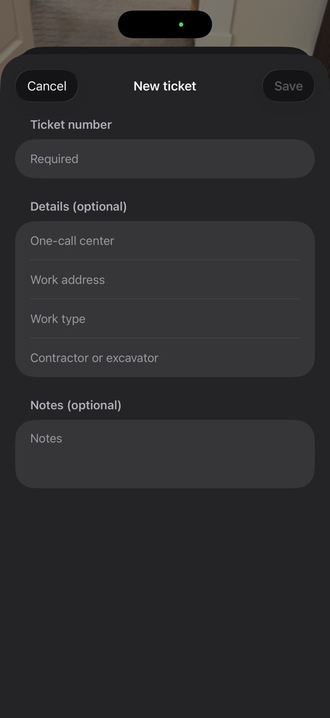 CYA Snapper new ticket form with fields for ticket number, one-call center, work address, work type, contractor or excavator, and notes