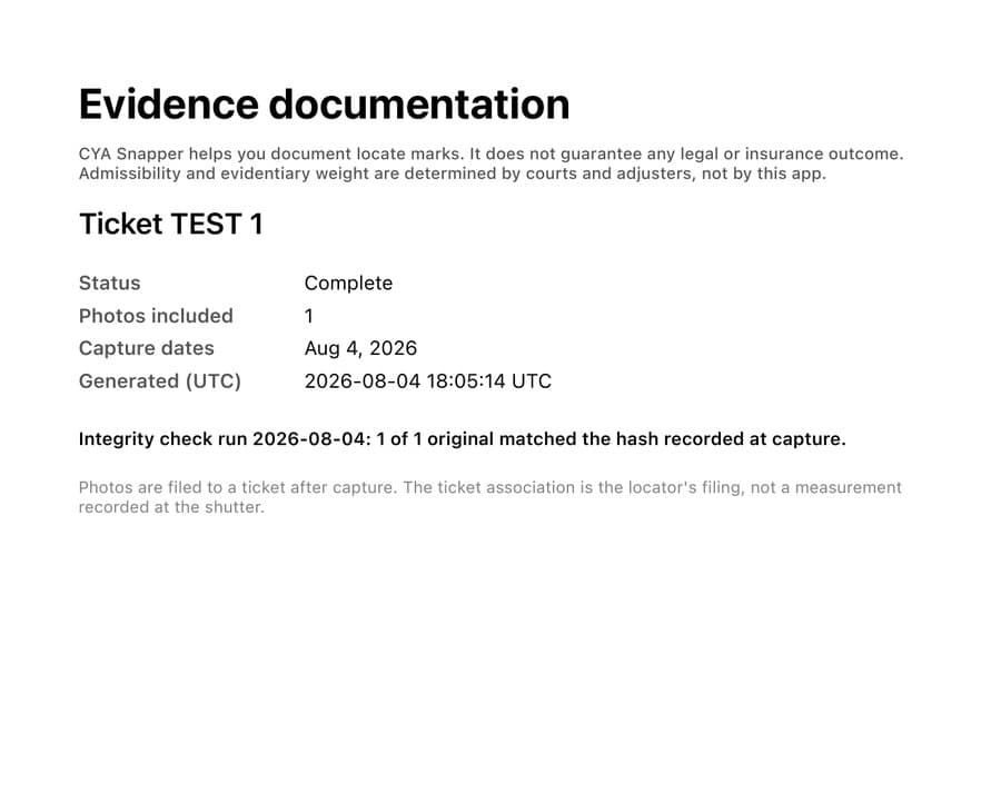 Evidence package cover page reading Evidence documentation, with ticket status, photo count, capture dates, generation time, and a line stating that the integrity check found one of one original matched the hash recorded at capture