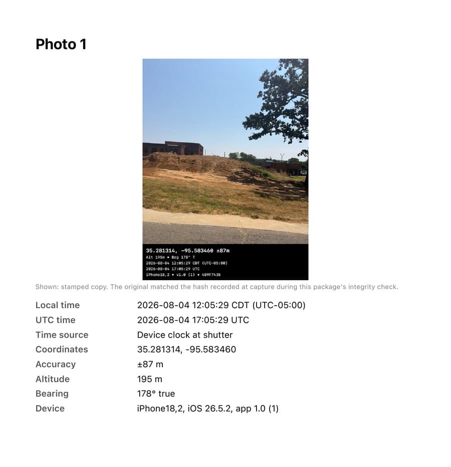 A page from a CYA Snapper evidence package showing a stamped photo of a work site, with the coordinates, accuracy, altitude, bearing, local and UTC time, time source, and device listed beneath it