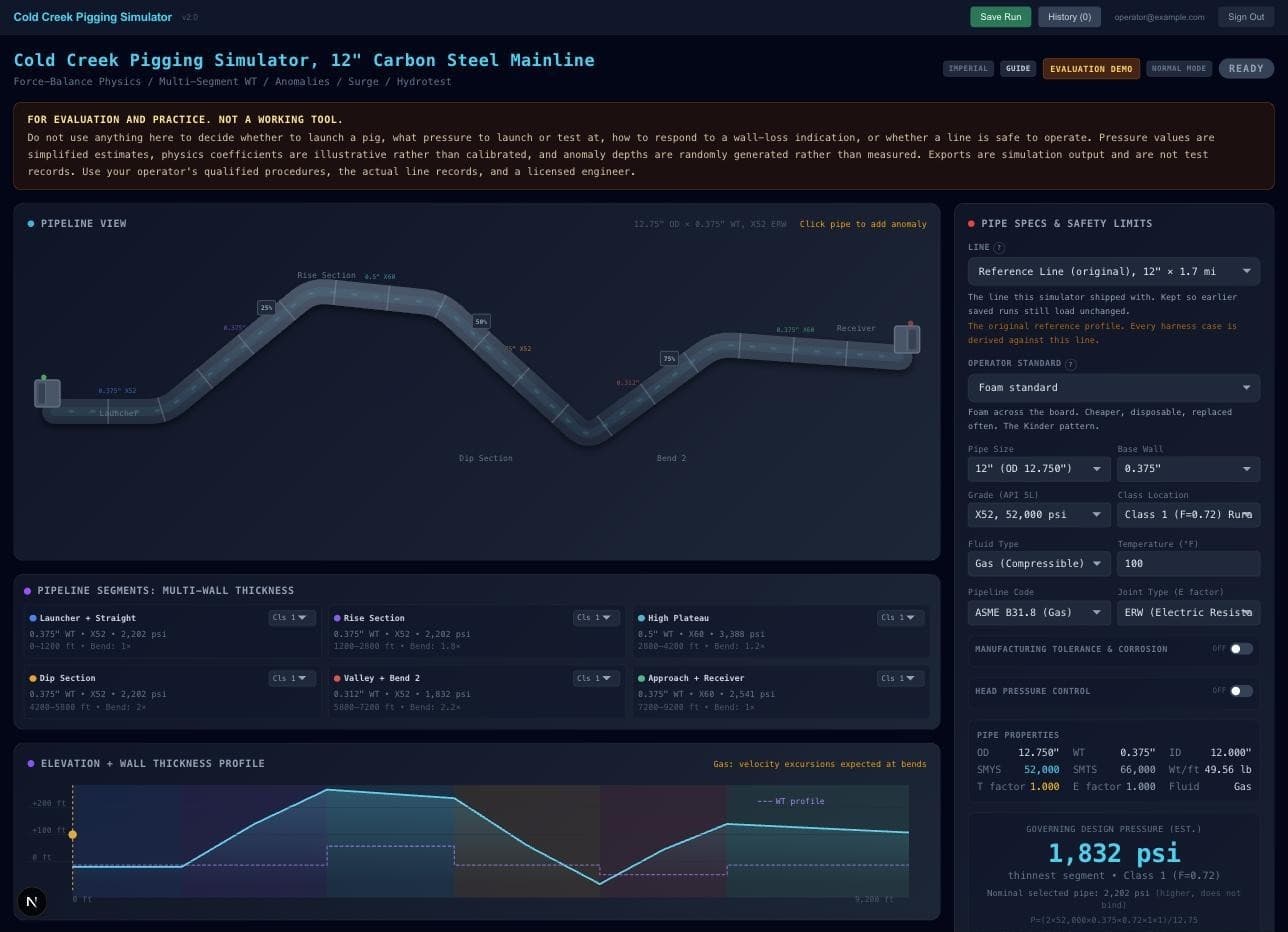 The full pipeline view with six segments of differing wall thickness and the elevation profile beneath it