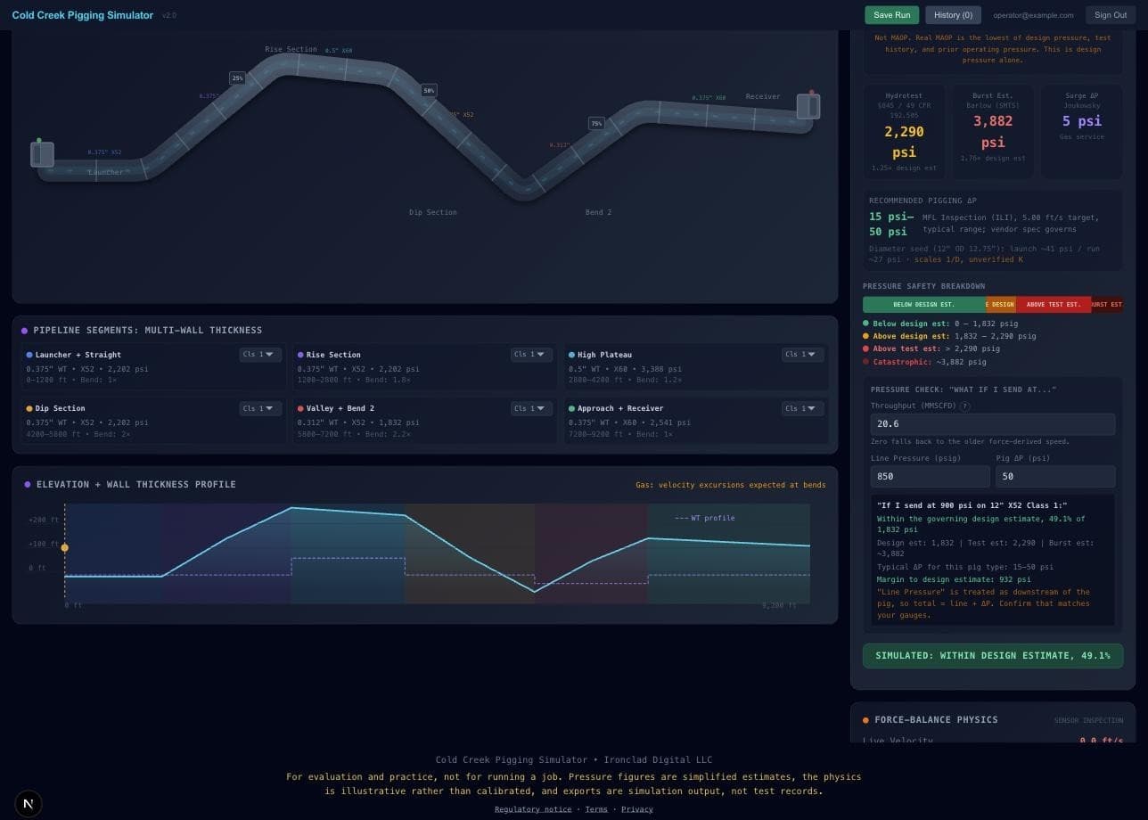 The pressure check panel showing design, test and burst estimates with margin to the design estimate