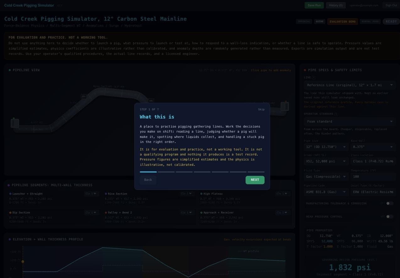 A seven step walkthrough overlay explaining what the simulator is and is not