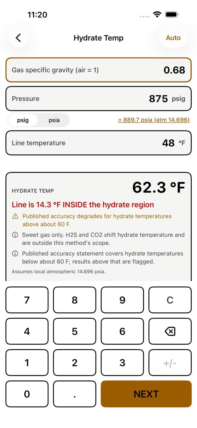 PlantHand hydrate temperature result of 62.3 degrees Fahrenheit with a red warning that the line is 14.3 degrees inside the hydrate region, plus flags for published accuracy limits and a sweet-gas-only constraint