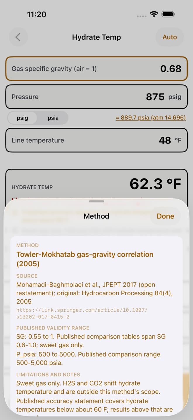 PlantHand method sheet naming the Towler-Mokhatab gas-gravity correlation, its published source and link, its validity range for specific gravity and pressure, and its limitations including sweet gas only
